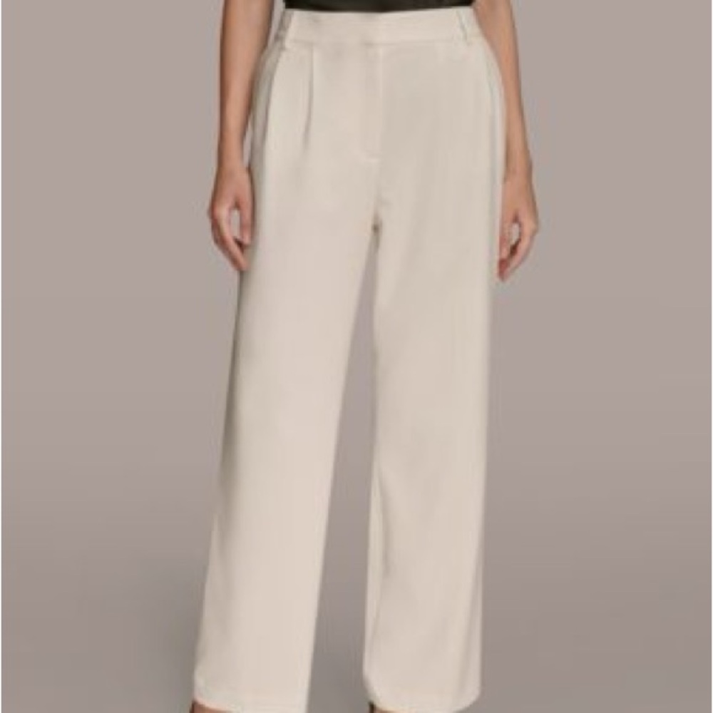 NWT Donna Karen Linenβ Blend Cream Dress Straight Wide Leg Pants Women's Size 12